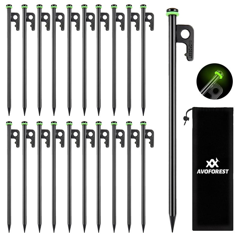 AVOFOREST 12Inch Heavy Duty Tent Stakes,20 PCS Tent Pegs Metal+Fluorescent Silicone Rings+ Storage Bag for Camping (20pcs) - Image 1